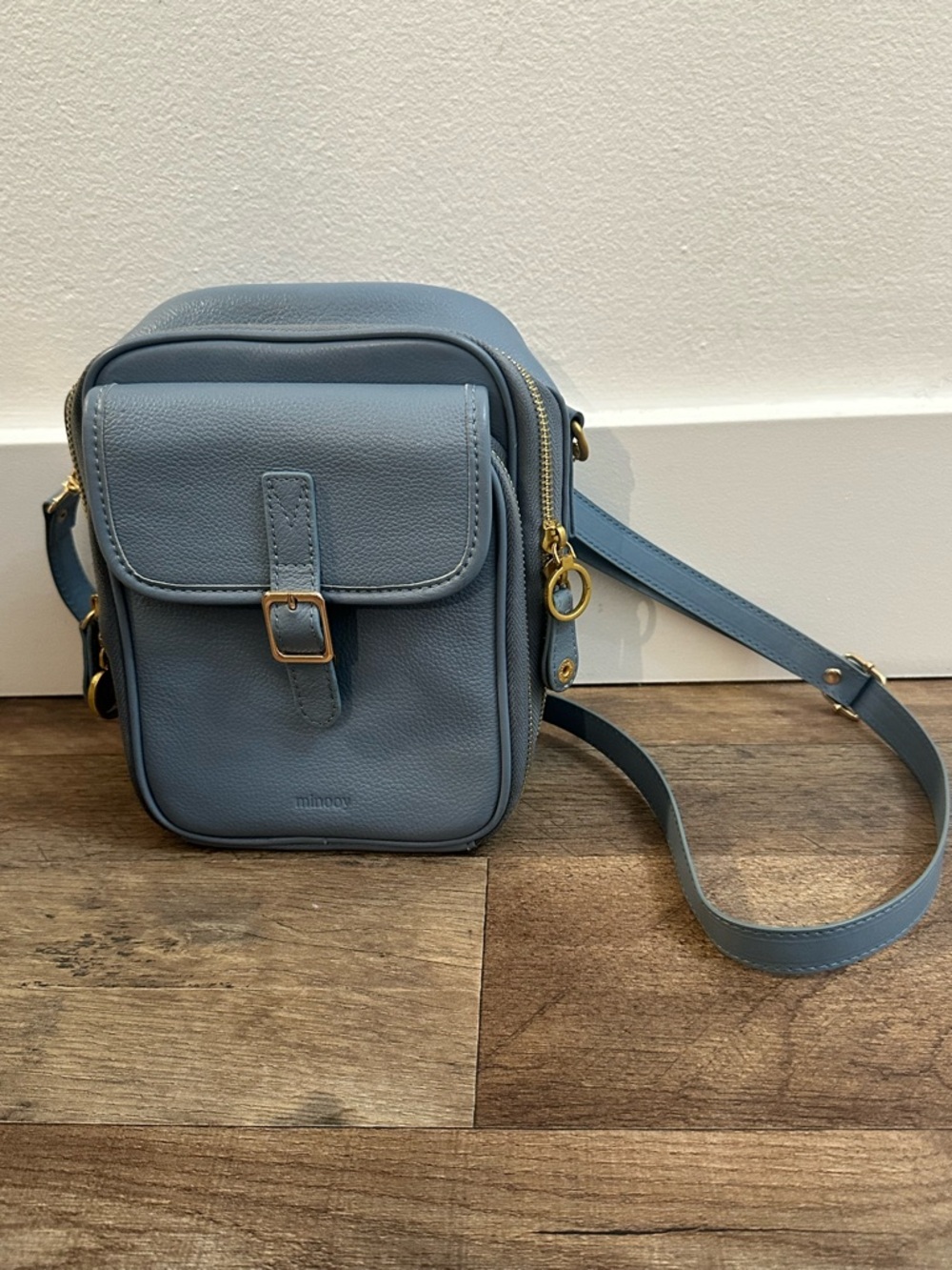 Minooy Naya Crossbody Bag Powder Blue Leather Travel Organizer Multi Pocket